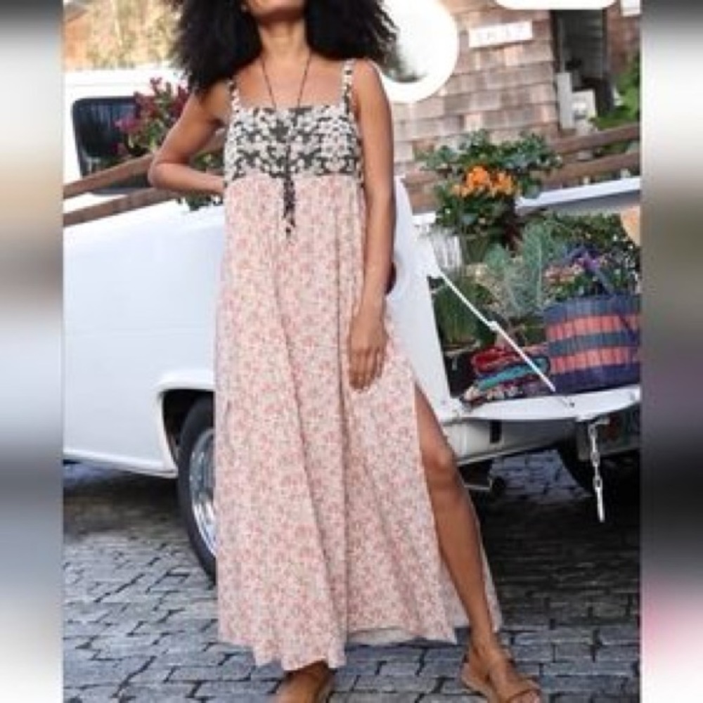 Natural Life Patti Side Slit Boho Charcoal Pink Multi Pattern Maxi Dress